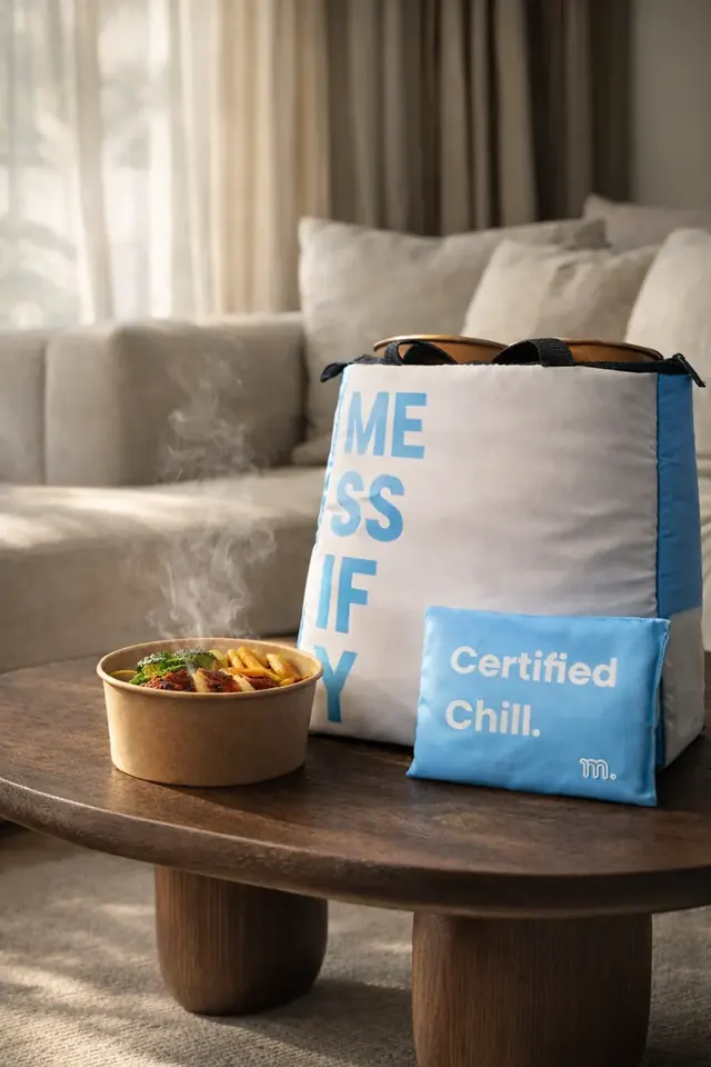 A steaming meal bowl beside a Messify bag and a Certified Chill ice pack